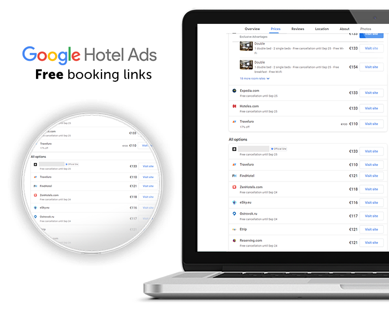 Google Hotel Ads free booking links Mirai