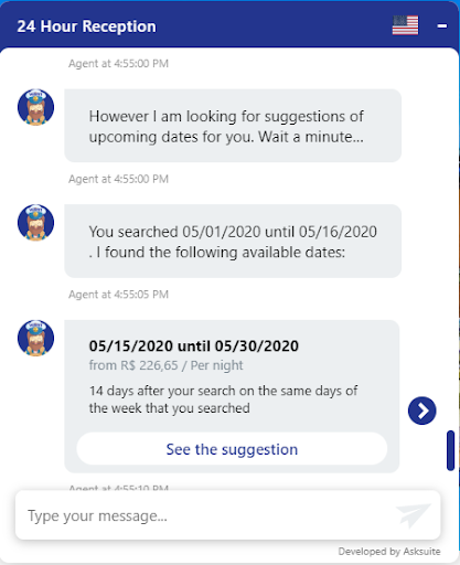 alternative dates - Asksuite chatbot - Mirai Booking Engine