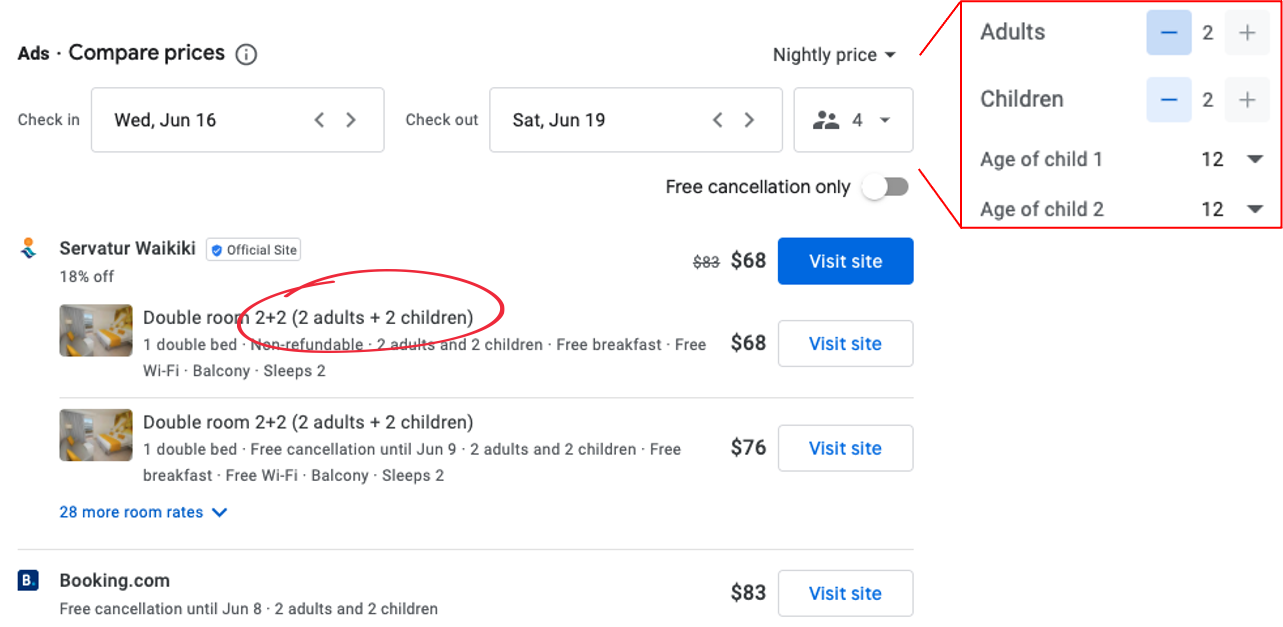 google hotel ads showing adults and children
