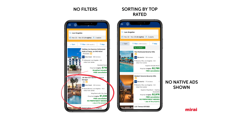 Native Ads Booking sort by top rated Mirai