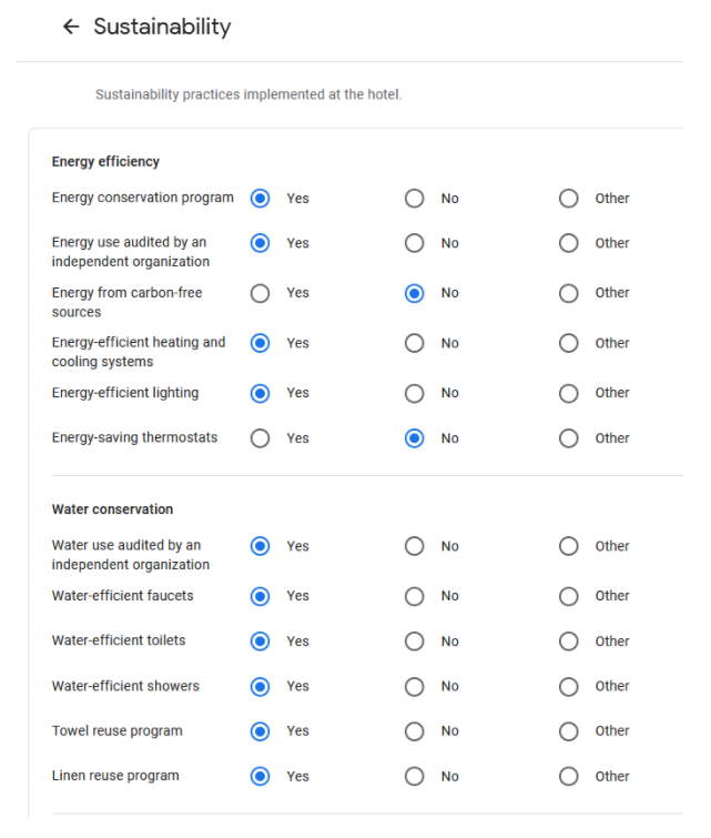 sustainable hotel practices listed 
 on Google Mirai