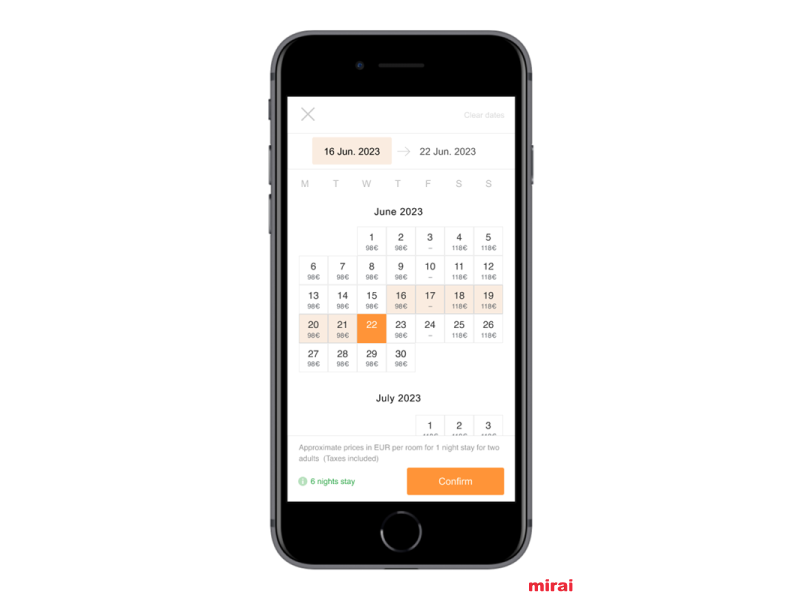 Mirai pricing calendar mobile adapted