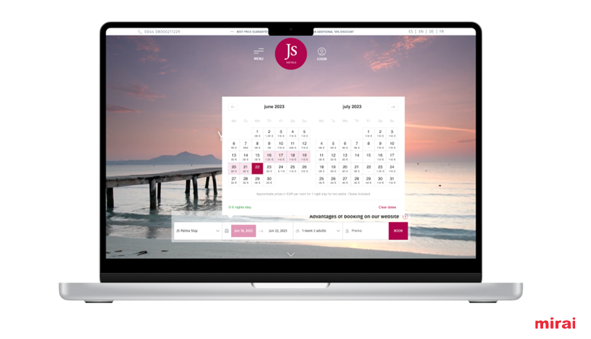 Mirai pricing calendar integrated hotel website