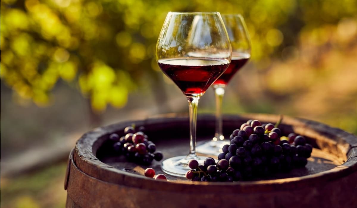 Wine glasses on a barrel