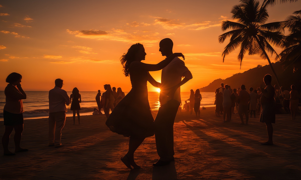 Pareja bailando merengue en la playa al atardecer
