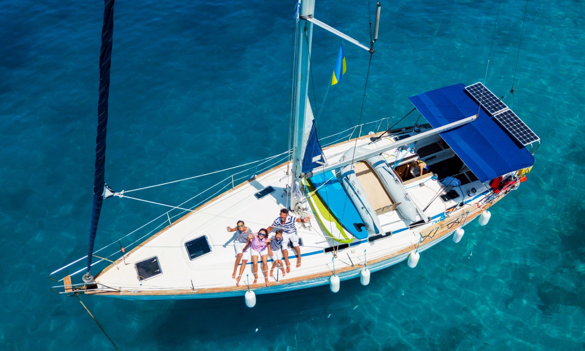 A family on a catamaran