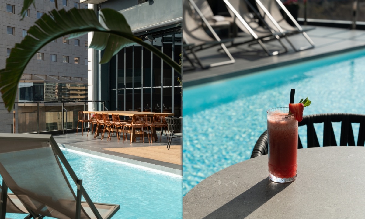 Poolside sun loungers and a drink
