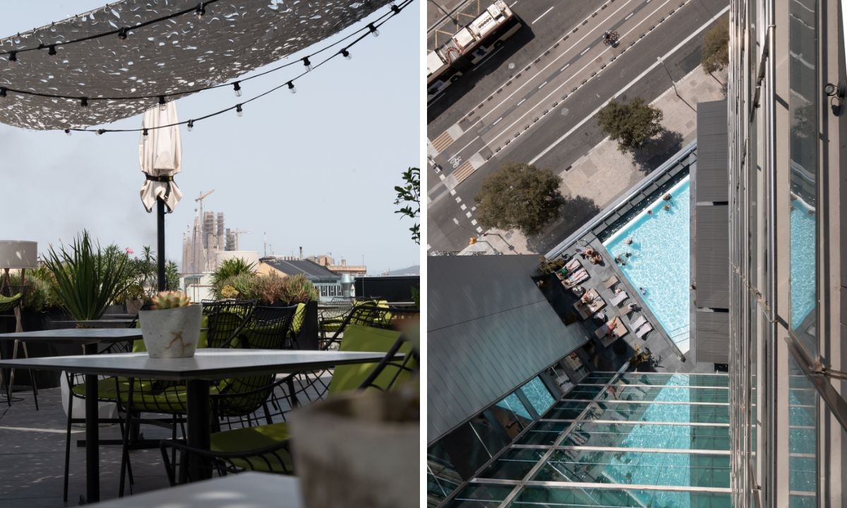 The skyline from the Negresco Princess and a view of the swimming pool at the Barcelona Princess