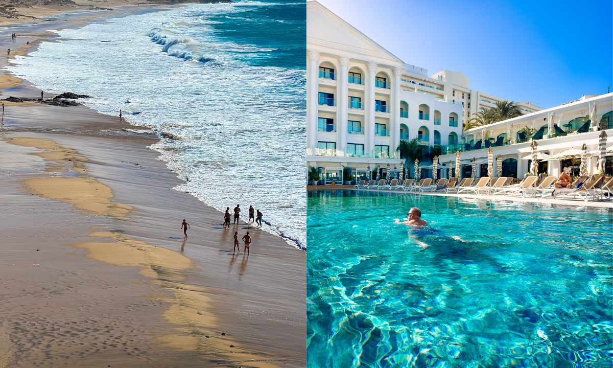 Strand auf Fuerteventura und der Pool des Princess Inspire Tenerife, in dem ein Mann schwimmt