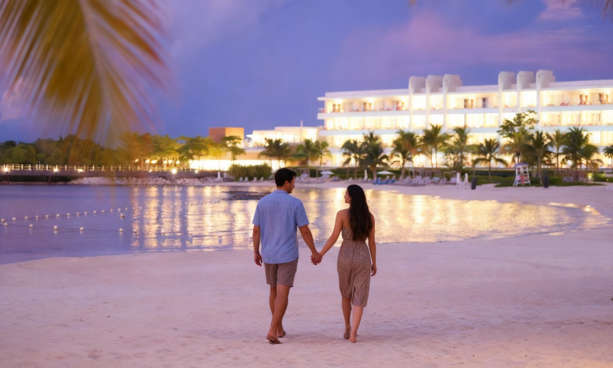 Paar spaziert bei Sonnenuntergang am Strand entlang