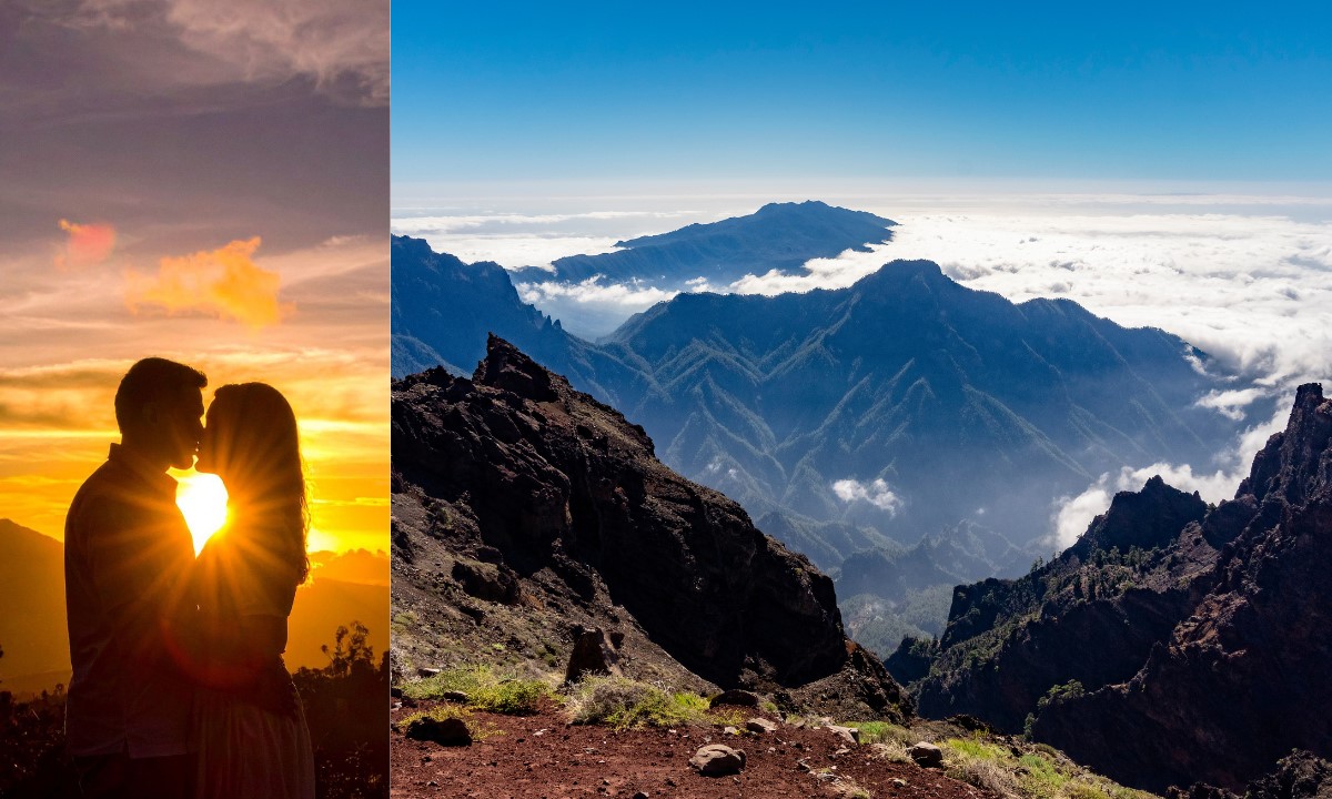 Pareja besándose al atardecer en el Roque de los Muchachos, rincón romántico para un viaje especial en La Palma