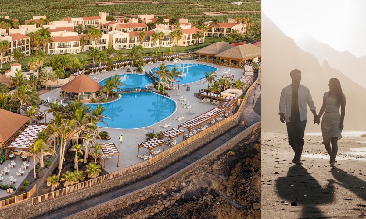 Vista aérea de Esencia de La Palma (izquierda) y una pareja caminando por la playa al atardecer (derecha)