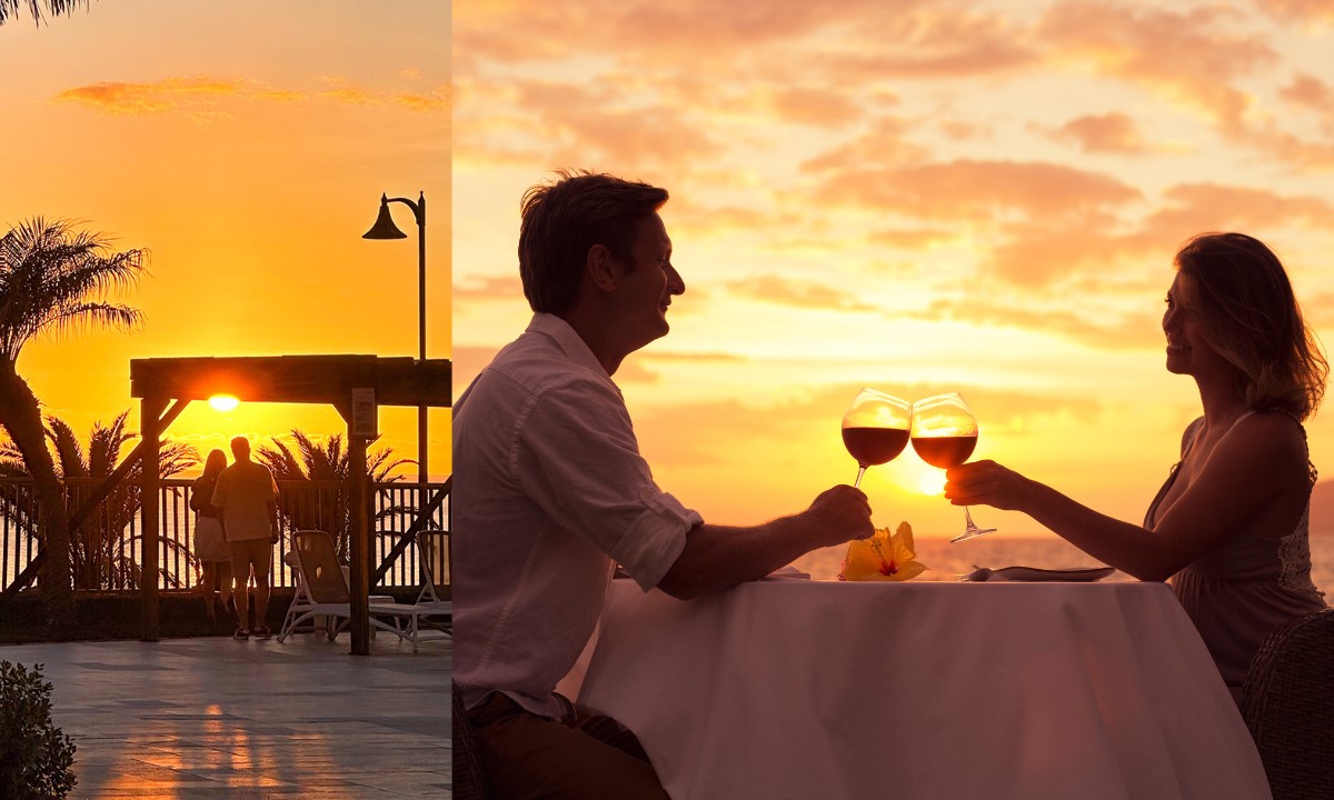 Una pareja en la terraza al atardecer (izquierda) y una pareja brindando durante su escapada romántica (derecha)