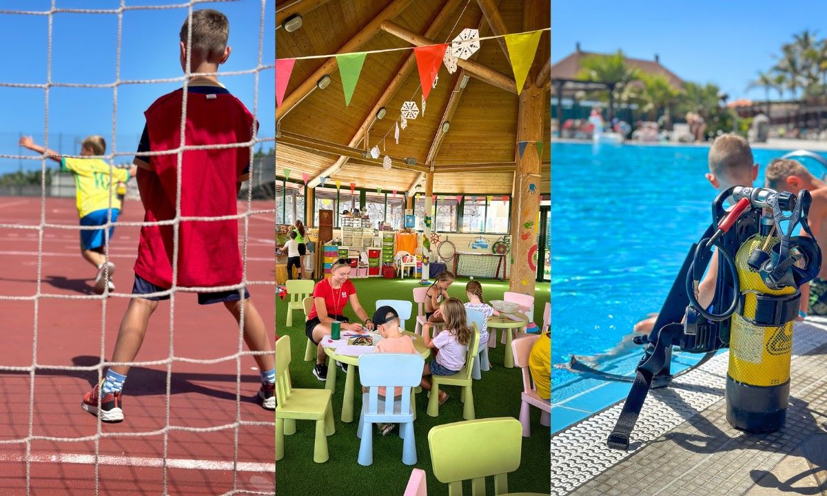 Niños jugando al fútbol (izquierda), niños pintando con animadora (centro) y niño con botella de buceo junto a la piscina de la Palma Princess (derecha)