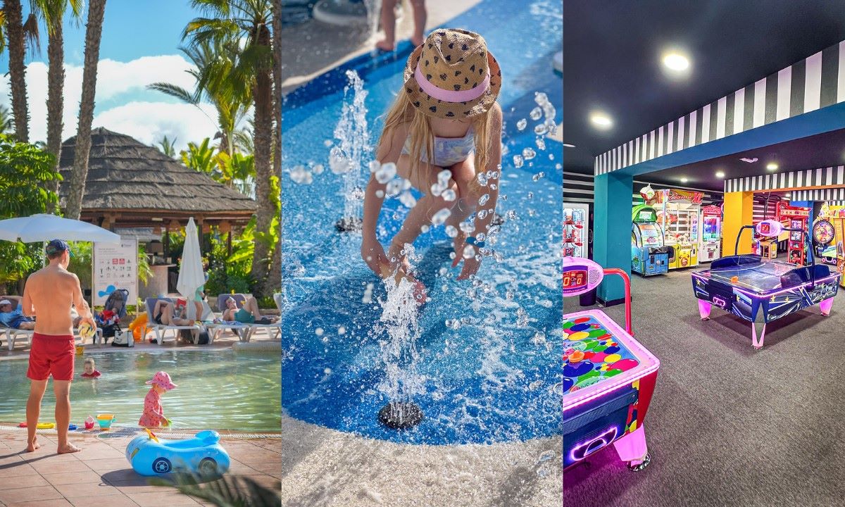 Familia en la piscina del Maspalomas Princess (izquierda), una niña jugando con agua en el Princess Taurito (centro) y la sala de juegos para niños del Mogán Princess (derecha)