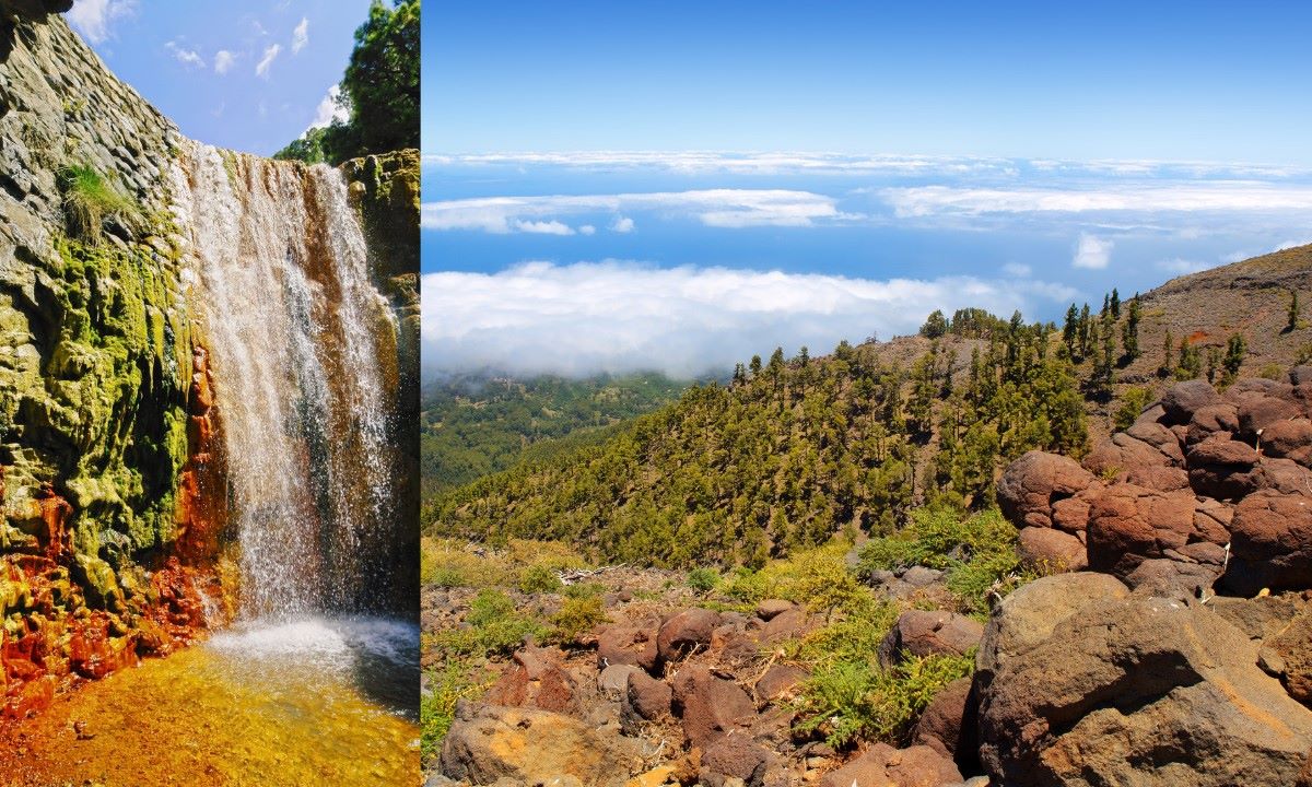 Cascada de Colores (izquierda) y vistas de la Caldera de Taburiente en La Palma (derecha), perfectas para un viaje con niños