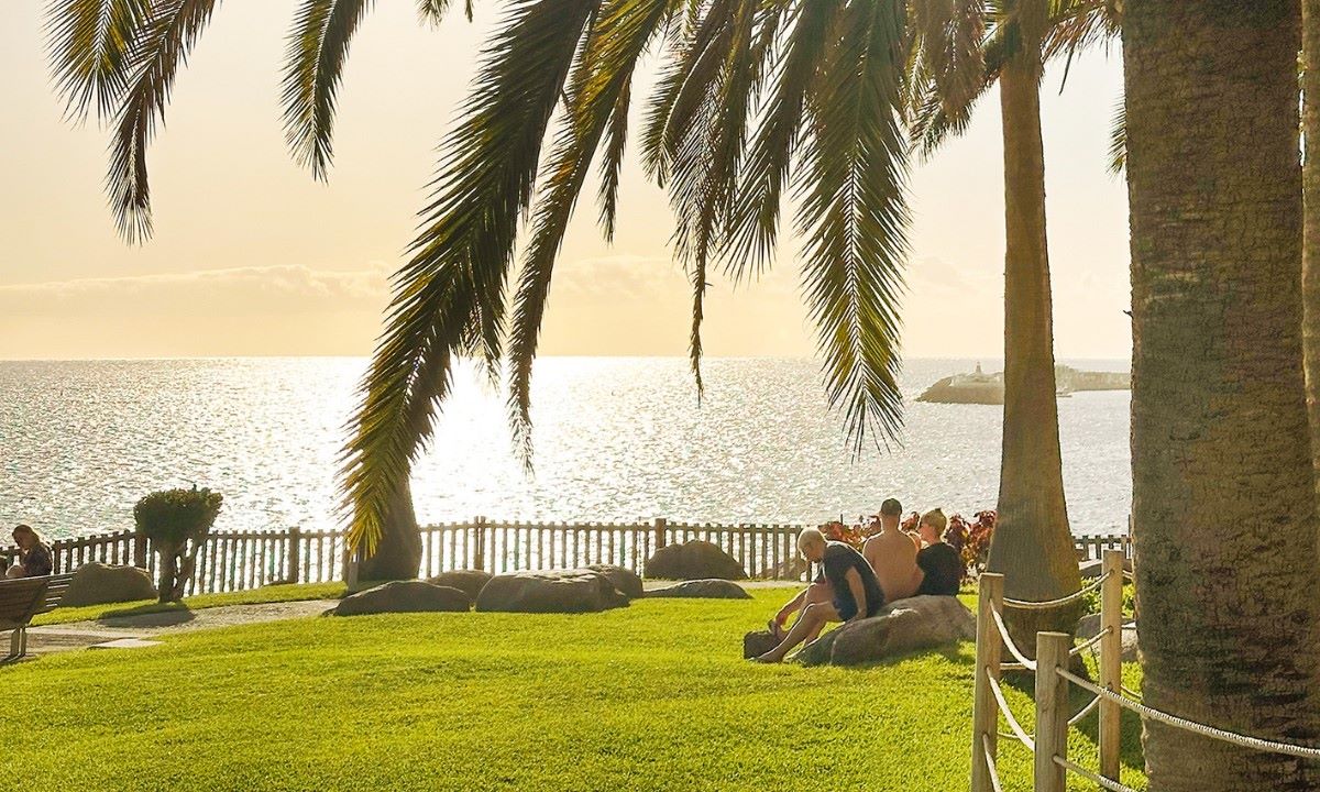 Familia descansando bajo una palmera junto al mar al atardecer durante sus vacaciones con niños en el Princess Taurito