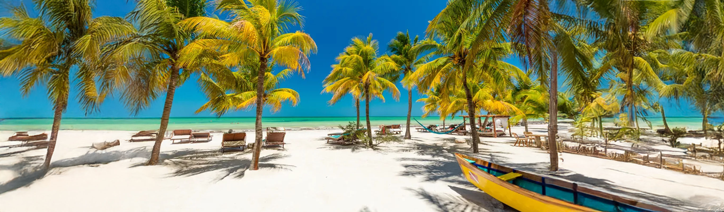 A palm-strewn beach in Holbox