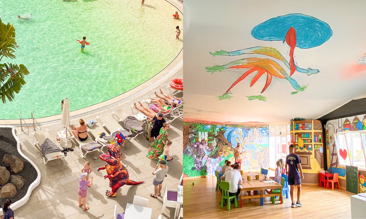 Piscina con niños y animación de dinosaurio (izquierda) y sala infantil con murales y actividades (derecha) del Club Jandía Princess