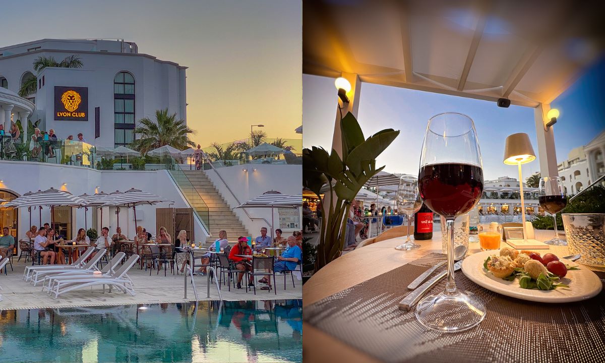 Restaurant am Pool bei Sonnenuntergang im Guayarmina Princess (links) und Weinglas auf der Terrasse des Princess Inspire Tenerife (rechts)