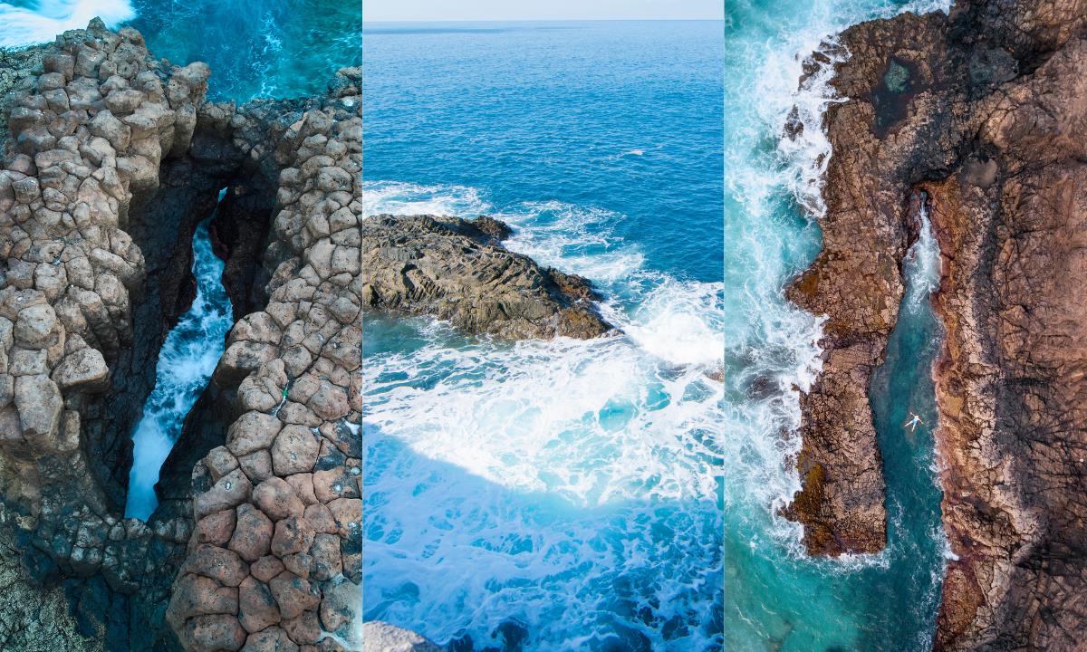 Natural pool at Caleta de Fuste (left), the Charcones de Ajuy (centre) and Aguas Verdes (right)