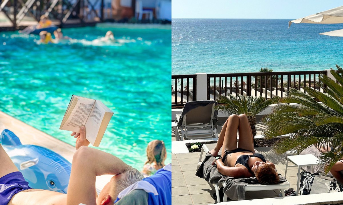 Man reading a book by the pool at Club Jandía Princess (left) and a woman sunbathing on a lounger at Fuerteventura Princess (right)