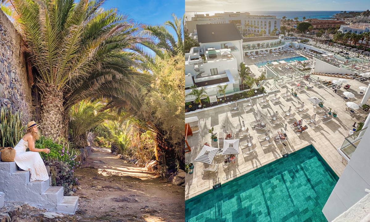 Weg zwischen Palmen (links) und das Princess Inspire Tenerife mit Pool und Meerblick in Costa Adeje (rechts)