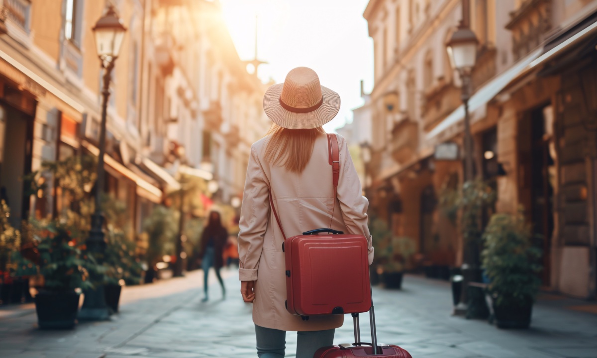 Woman with a suitcase on a street in Barcelona