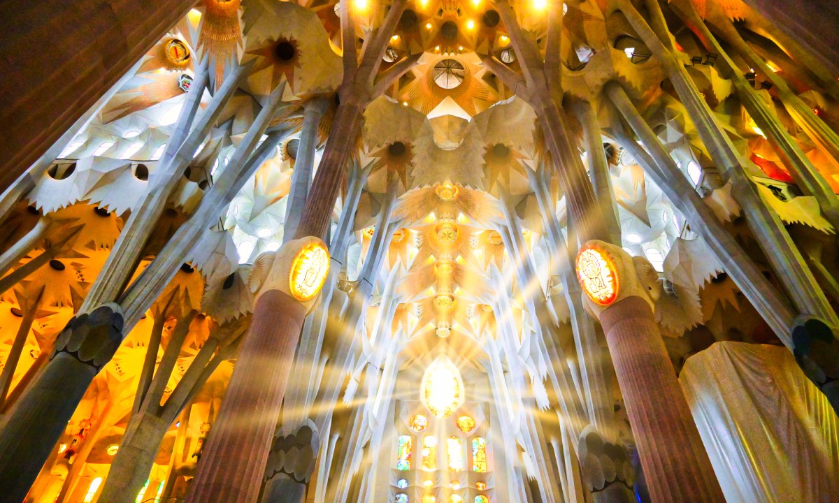 Interior of the Sagrada Familia, illuminated