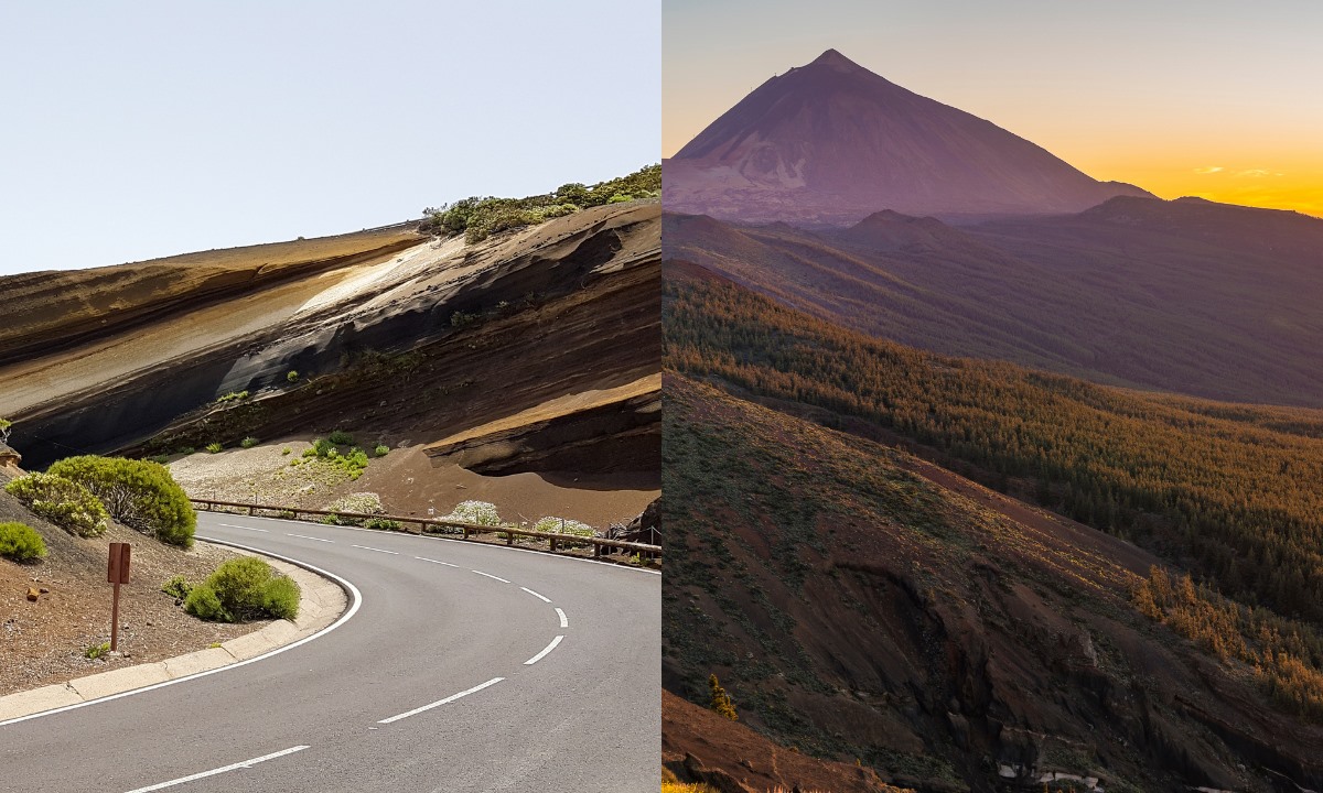 The volcanic layers of La Tarta (left) and views of Mount Teide from La Tarta Viewpoint (right)
