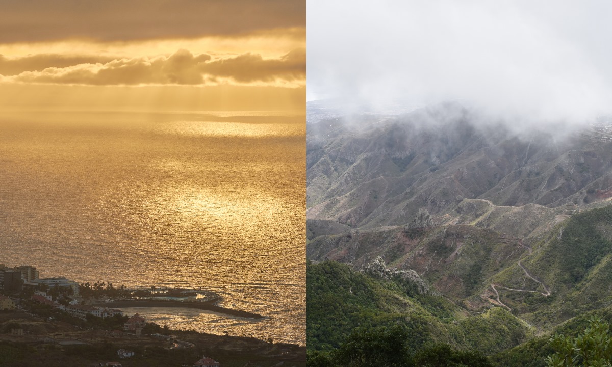 Sunset over the sea from Humboldt Viewpoint (left) and views of Anaga from Cruz del Carmen Viewpoint (right)