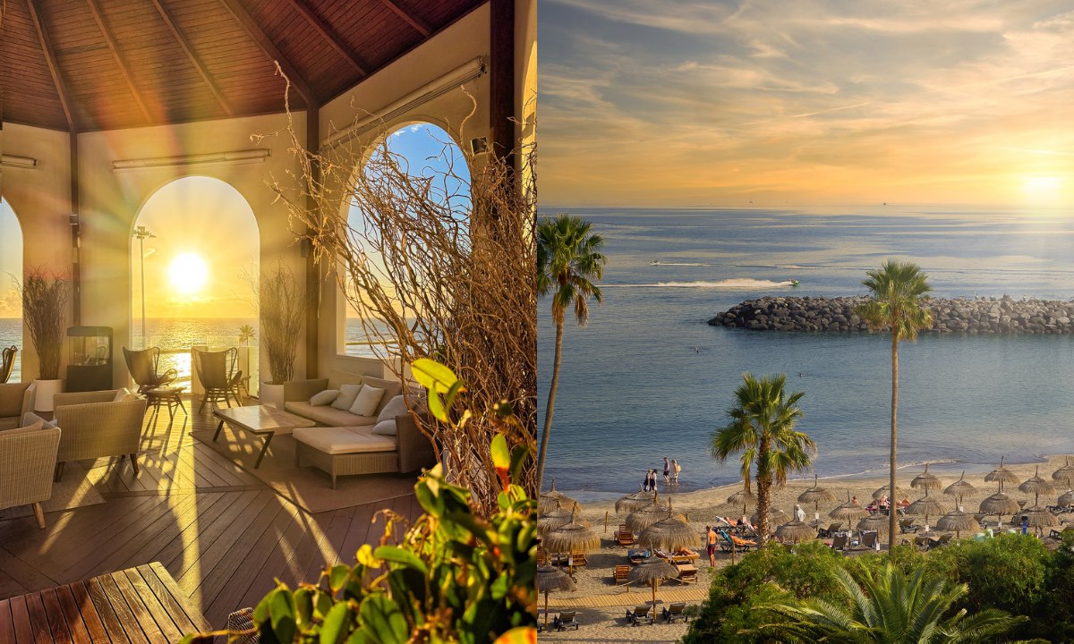 Relaxation area at Guayarmina Princess overlooking the sea (left) and Fañabé Beach at sunset (right)