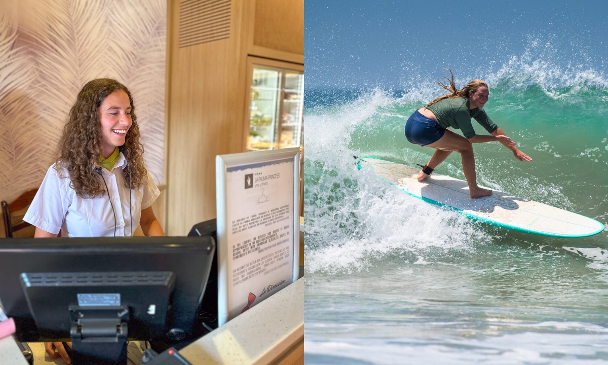 Rezeption des Hotels La Palma Princess (links) und Person beim Surfen (rechts)