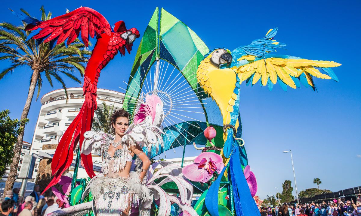 Reina o candidata con disfraz de fantasía de loros de colores en una carroza del Carnaval de Las Palmas de Gran Canaria.