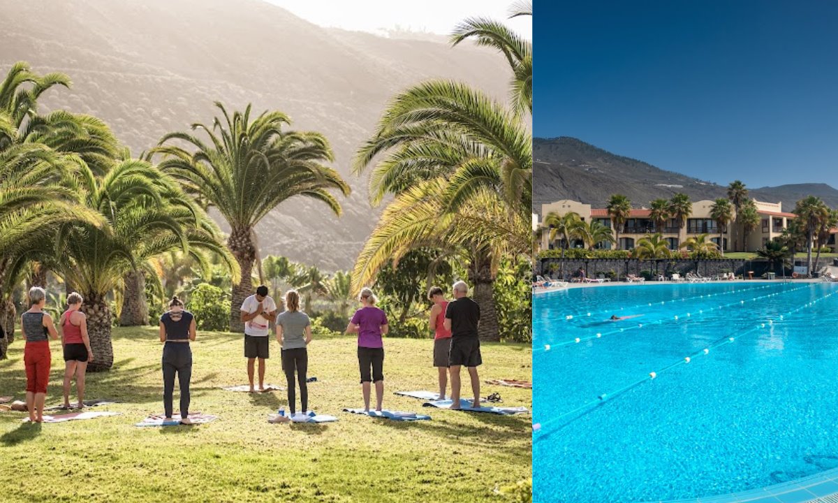 Sesión de yoga al aire libre y natación en piscina olímpica como parte del programa Vital Fitness en el hotel La Palma Princess.