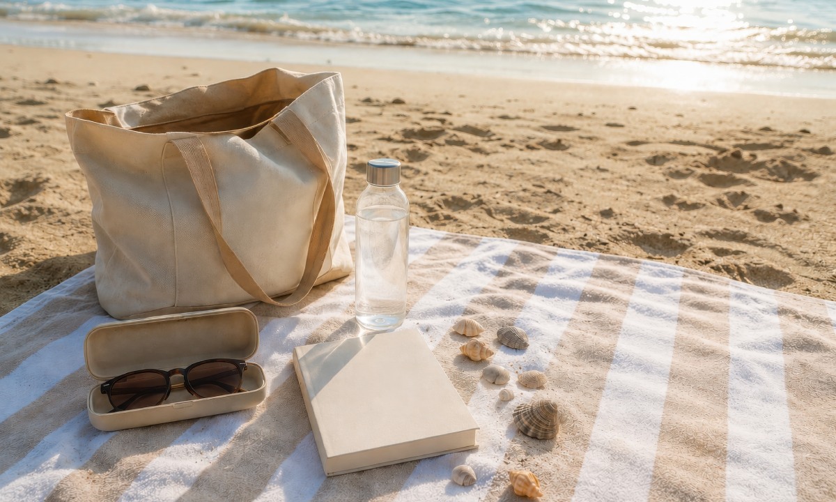 A bag, sunglasses, book, water bottle and shells on a beach towel