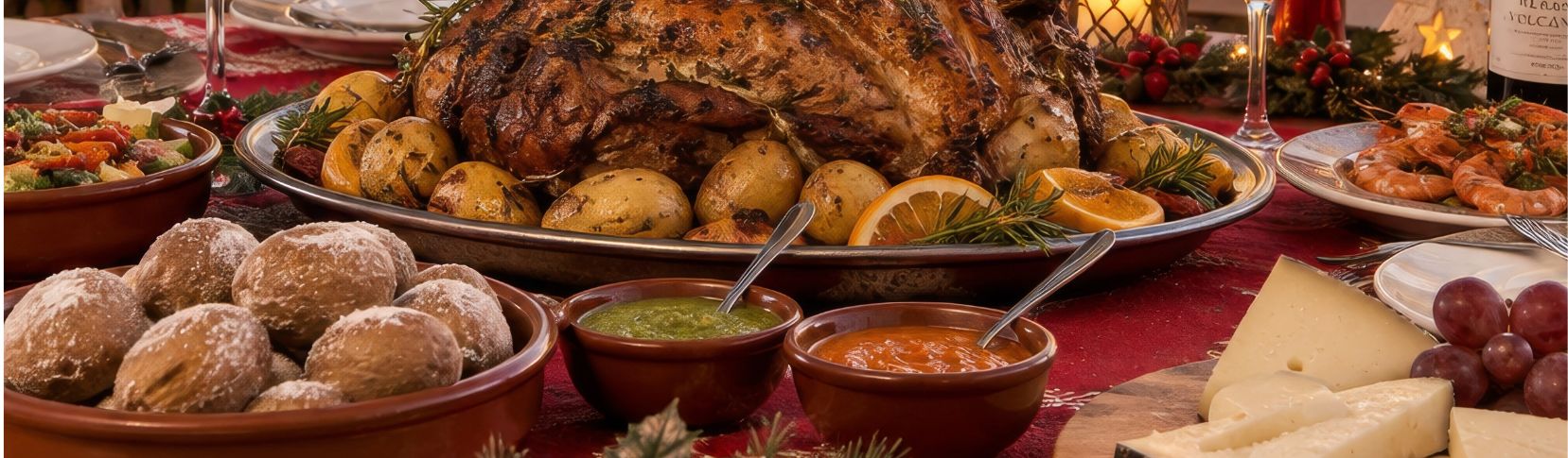 Mesa de cena navideña decorada con ramas verdes, velas, copas de vino y platos servidos con comida.